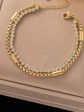 Gold Plated Stainless Steel Double Chain Tennis Bracelet Crystal Link Bracelet
